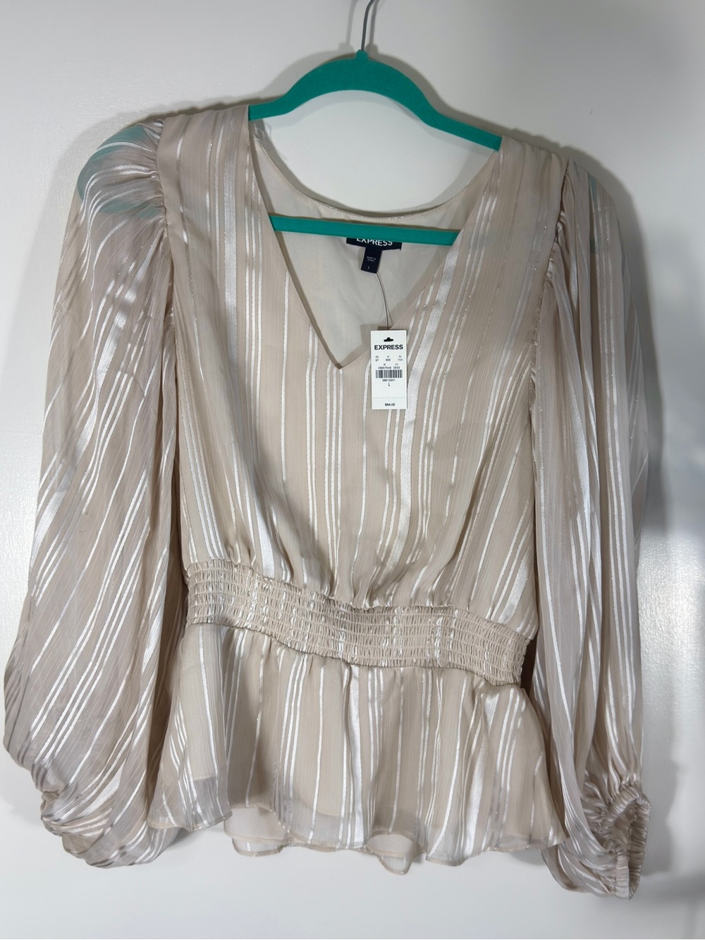 Express Cream Metallic-Striped V-Neck Smocked Waist Blouse
